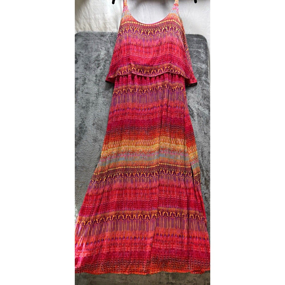Faded Glory Pink Purple Orange Geometric Maxi Dress XL Woven Scoop Neck Lined